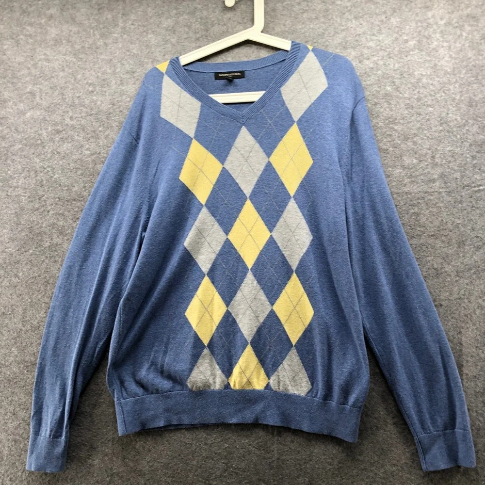 Banana Republic Argyle V-Neck Sweater Mens L Blue Yellow Gray Grandpacore Retro